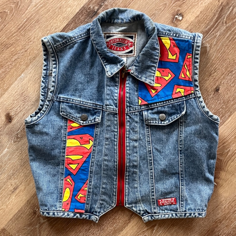 Hydraulic Jeans Vest - Superman Hand Applique Repurposed Jeans - Picture 6 of 12